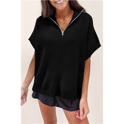 Black Quarter Zip Short Batwing Sleeve Sweater