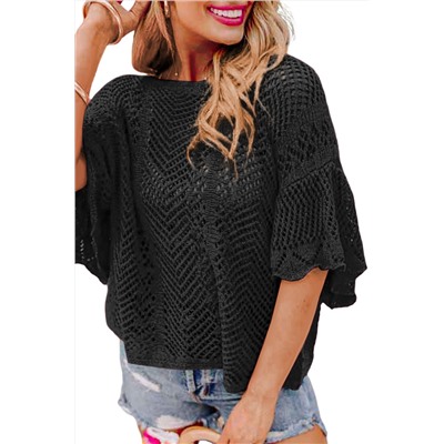 Black Pointelle Knit Scallop Edge Short Sleeve Top