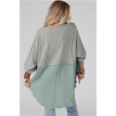 Grey Crinkle Splicing Raw Hem High Low Oversized Blouse