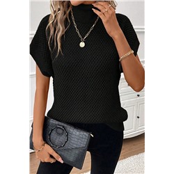 Black Turtleneck Textured Short Sleeve Sweater