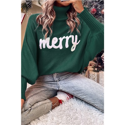 Blackish Green Merry Letter Embroidered High Neck Sweater