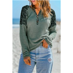 Green Leopard Waffle Knit Buttoned V Neck Blouse