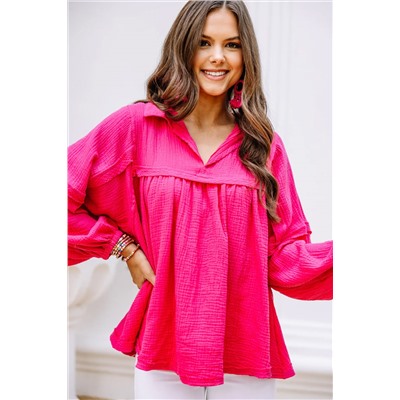 Rose Crinkle Collared V-Neck Bubble Sleeve Flowy Blouse