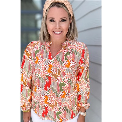 Orange Printed Floral Abstract Print Frilled V Neck Plus Size Blouse