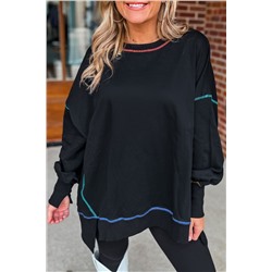 Black Contrast Stitching Split Baggy Sweatshirt