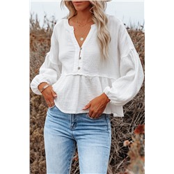 White Retro Stitching Long Sleeve Peplum Blouse