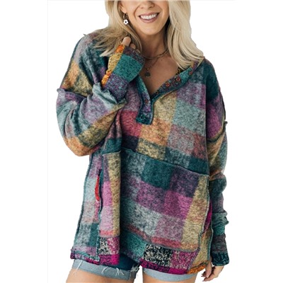 Multicolor Brushed Plaid Buttoned Pullover Oversized Hoodie