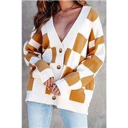 Brown Contrast Checkered Print Button Up Sweater Cardigan