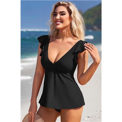 Black Sexy V Neck Ruffle Sleeve Tankini Top