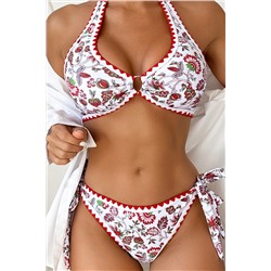 Red Floral Halter O-Ring Backless Knot Bikini Set