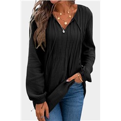 Black Casual Pleated V Neck Textured Loose Top