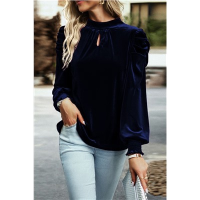 Navy Blue Mock Neck Puff Sleeve Velvet Blouse