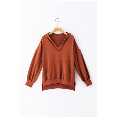 Chestnut V Neck Kangaroo Pocket Oversized Hoodie