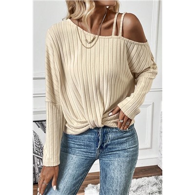 Apricot Asymmetrical Neck Cold Shoulder Twisted Knit Ribbed Top