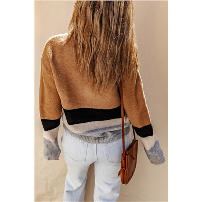 Brown Color Block Striped Ribbed Knit Sweater