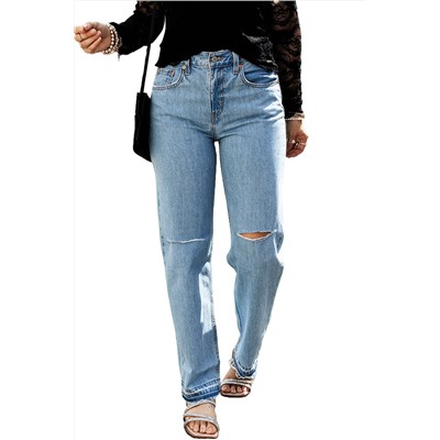 Light Blue Distressed Slit Leg Raw Edge Straight Jeans