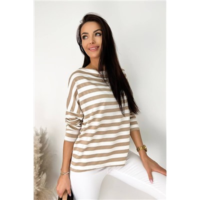 Khaki Striped Boat Neck Long Sleeve Top