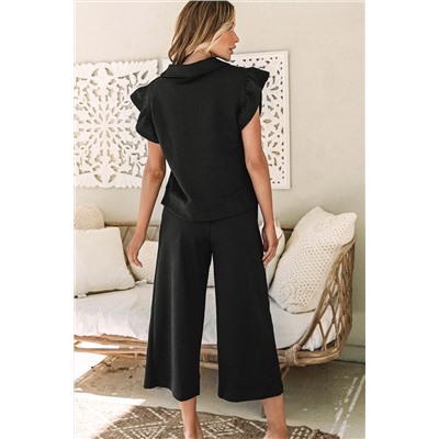 Black Plus Ruffled Sleeve Quarter Zip Top Wide Leg Pants Set