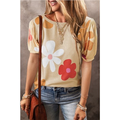 Apricot Flower Print Bubble Sleeve Tee