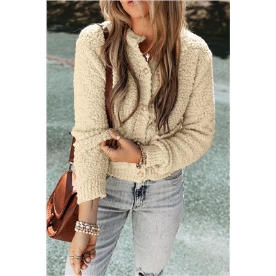 Oatmeal Pearl Buttons Popcorn Textured Sweater Cardigan