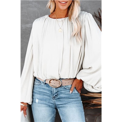 White Crew Neck Billowy Sleeve Blouse