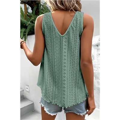 Mist Green Lace Crochet Splicing V Neck Loose Fit Tank Top