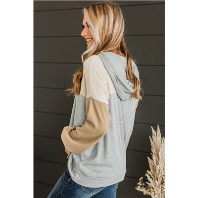 Gray Vintage Ribbed Knit Color Block Hoodie