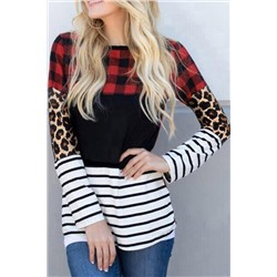 Plaid Print Leopard Splicing Striped Color Block Long Sleeve Top