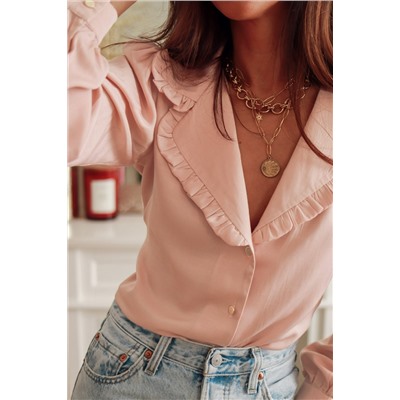 Pink Frilled Lapel Collar Button-Up Puff Sleeve Shirt