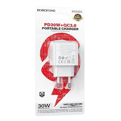 Адаптер Сетевой Borofone BAS45A Potential USB/Type-C 30W (белый)