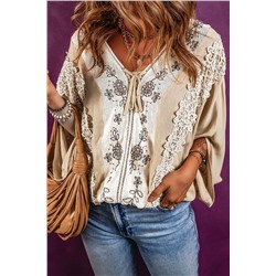 Golden Fleece Lace Crochet Patchwork Slit Sleeve Loose Blouse