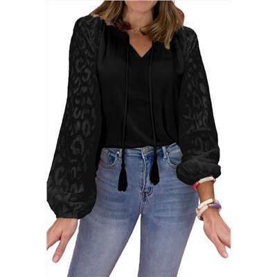 Black Leopard Mesh Bubble Sleeve Split Neck Blouse