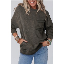 Gray Acid Wash Drop Shoulder Long Sleeve Sweatshirt with Pockets