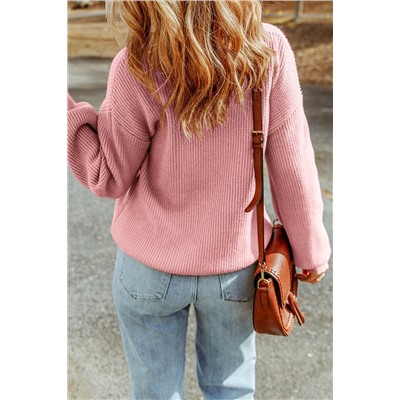 Pink V Neck Drop Shoulder Knitted Sweater