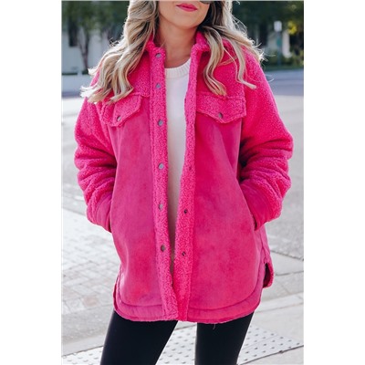 Bright Pink Faux Suede Sherpa Patchwork Button-up Shacket