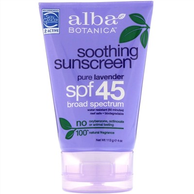 Alba Botanica, успокаивающий солнцезащитный крем, солнцезащитный фактор SPF 45, чистая лаванда, 113 г (4 унции)