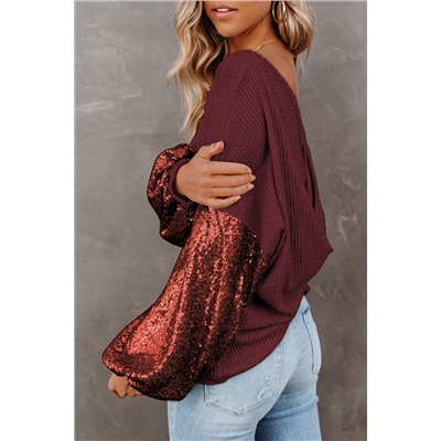 Biking Red Sequin Patchwork Sleeve Open Back Waffle Knit Top