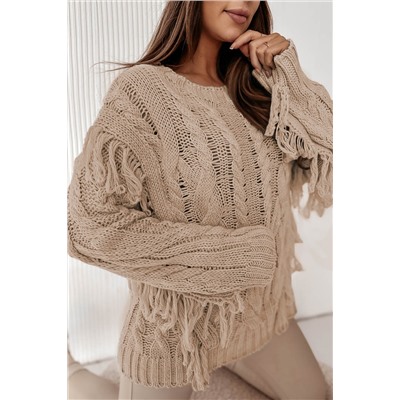 Parchment Tasseled Braided Knit Sweater