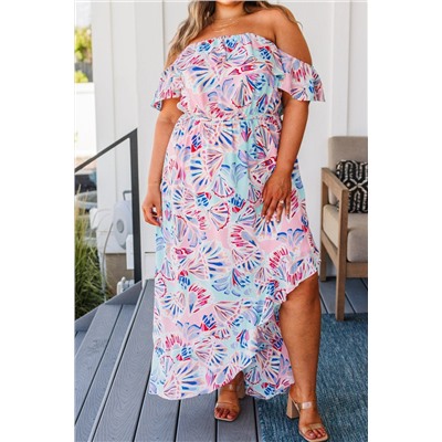 Pink Sea Shell Print Ruffled Sleeve Plus Size Maxi Dress