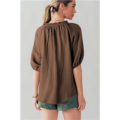 Chicory Coffee Frill Split Neck Puff Sleeve Crinkle Blouse