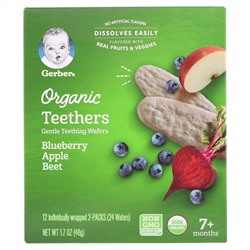 Gerber, Organic Teethers, вафли для мягкого прорезывания зубов, для малышей от 7 месяцев, черника, яблоко и свекла, 12 пакетиков по 2 вафли в каждом