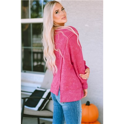 Rose Acid Wash Relaxed Fit Seamed Pullover Sweatshirt with Slits