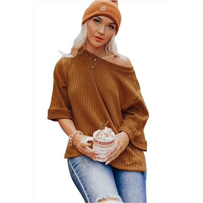 Gold Flame Ribbed Knit Three Quarter Sleeve T Shirt