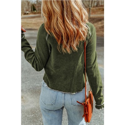 Green Textured Round Neck Long Sleeve Top