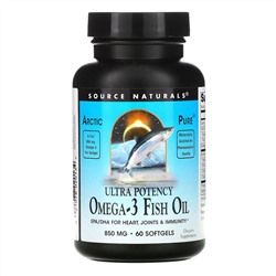 Source Naturals, Arctic Pure, омега-3 и рыбий жир, повышенная эффективность, 850 мг, 60 мягких таблеток
