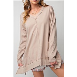 Apricot Exposed Seam V Neck Split Hem Tunic Top