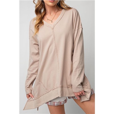 Apricot Exposed Seam V Neck Split Hem Tunic Top