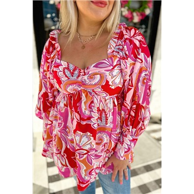 Red Plus Size Floral Sweetheart Neck Babydoll Blouse