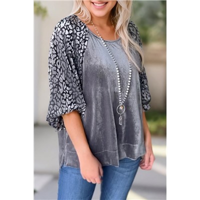 Medium Grey Leopard Splicing Lantern Sleeve Velvet Blouse