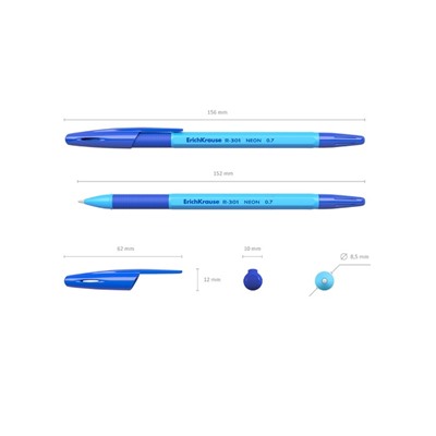 Набор ручек шариковых 4 штуки ErichKrause R-301 Neon Stick & Grip, узел 0.7 мм, чернила синие, резиновый упор, длина линии письма 1000 метров, европодвес